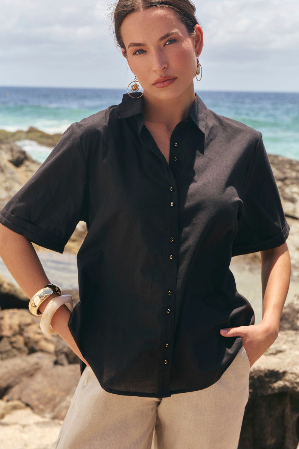 Amani Short Sleeve Cotton Shirt in Black