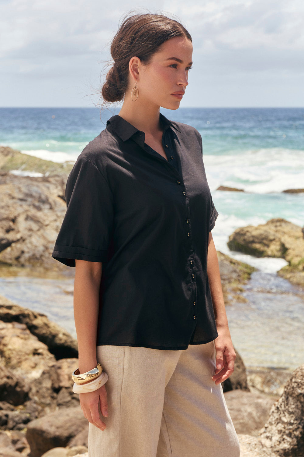 Amani Short Sleeve Cotton Shirt in Black