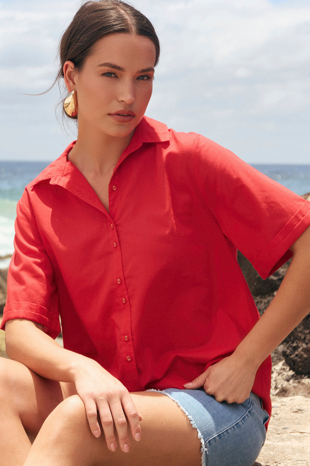 Amani Short Sleeve Cotton Shirt in Racing Red