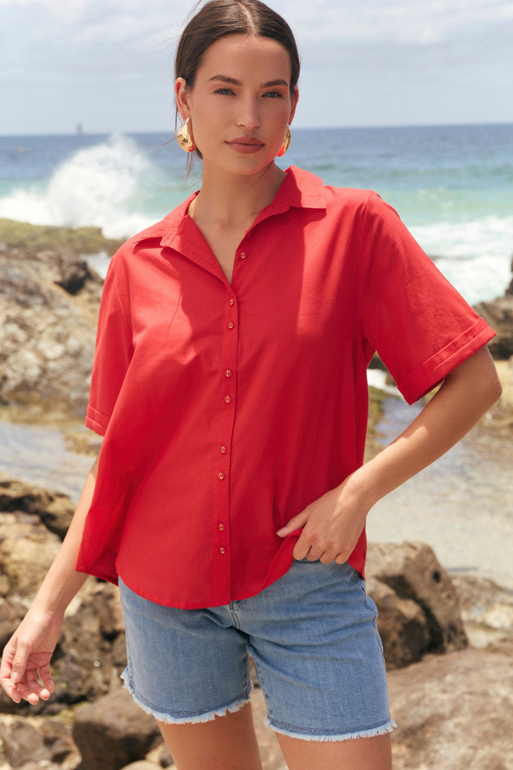 Amani Short Sleeve Cotton Shirt in Racing Red