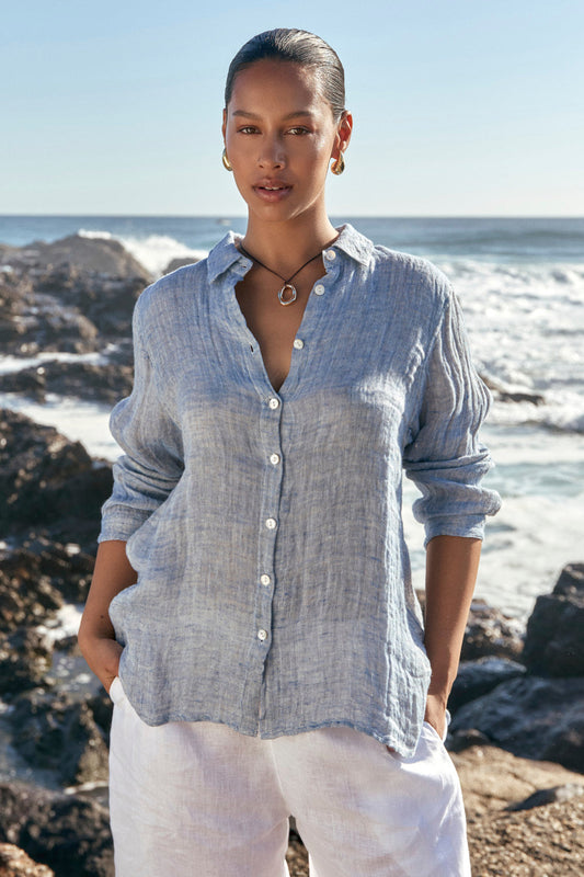 Natalia Linen Oversized Shirt in Sky Blue Tide